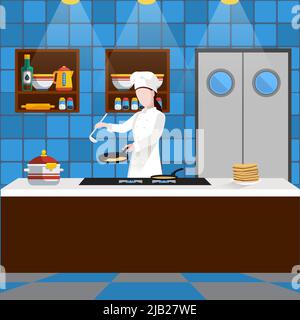 Cooking people composition with man who is cooking pancakes in the kitchen in a restaurant vector illustration Stock Vector