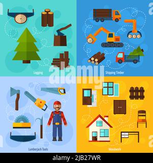 Woodworking industry design concept set with lumberjack logging and timber shipping flat icons isolated vector illustration Stock Vector