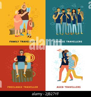 Travel tips concept icons set with family travel symbols flat isolated vector illustration Stock Vector