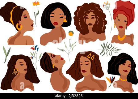 Collection Beautiful womans with different hair style, skin color and face  types. Trending womans with flowers, leaves. Vector illustration Stock  Vector Image & Art - Alamy