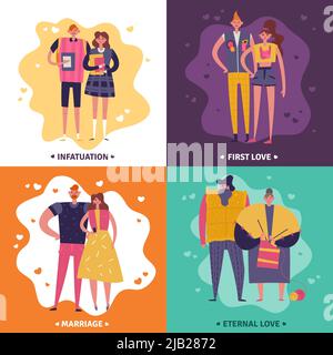 Life cycles of man and woman 2x2 design concept set of infatuation first love marriage and eternal love square icons flat vector illustration Stock Vector