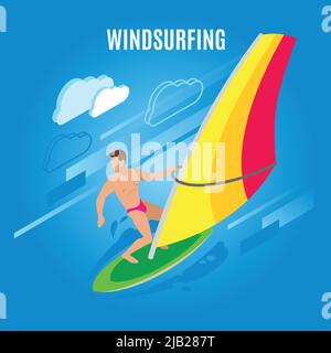 Surfing isometric background with figure of male character on surf board with sail and clouds images vector illustration Stock Vector