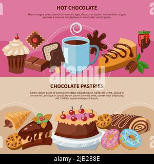 Set of flat banners with hot chocolate and pastries on pink and beige background isolated vector illustration Stock Vector