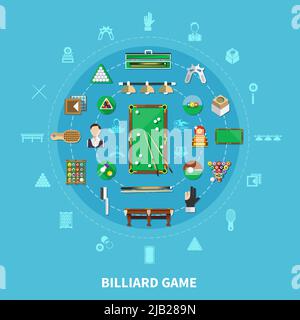 Billiards round composition on blue background with player, sports equipment, game emblems, cleaning accessories vector illustration Stock Vector