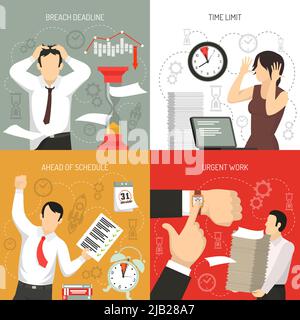 Meeting deadlines 4 flat icons concept with working ahead schedule and time limits breach isolated vector illustration Stock Vector