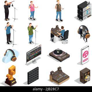 Music industry isometric icons set with recording studio symbols isolated vector illustration Stock Vector