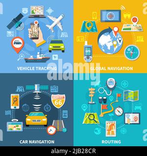 Navigation design concept with four compositions flat pictograms and icons with signboards gps satellites and gadgets vector illustration Stock Vector