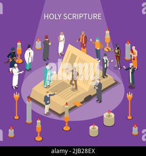 Holy scripture isometric composition with open book, people from world religions, candles on violet background vector illustration Stock Vector