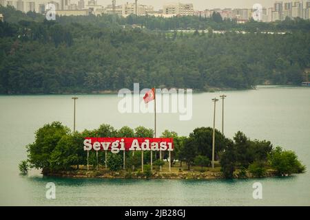 Seyhan River and Sevgi Adasi Love Island at Adana Turkey Stock Photo