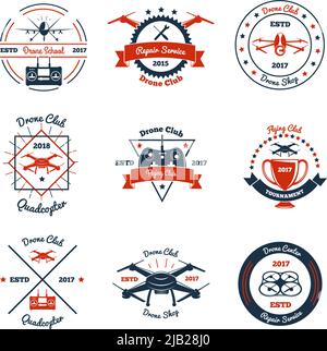 Color emblems with drone, controller and design elements for club, school, repair service, tournament isolated vector illustration Stock Vector