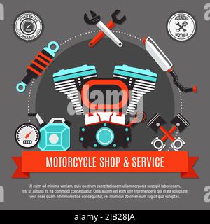 Motorcycle shop and service design concept with engine pistons speedometer exhaust wrench decorative icons flat vector illustration Stock Vector