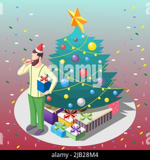 Bearded man with gifts near christmas tree isometric composition on gradient background with confetti vector illustration Stock Vector