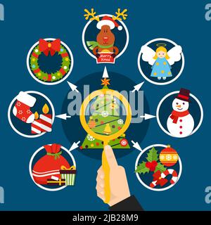 Christmas decorations flat composition with magnifier in hand, xmas tree, holiday elements on blue background vector illustration Stock Vector