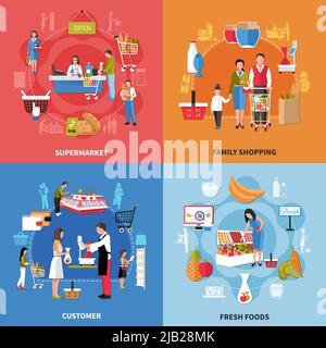 Supermarket people design concept with family shopping, fresh foods, seller and customer, cash desk isolated vector illustration Stock Vector