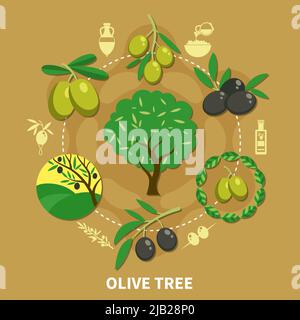 Olive tree, branches with green and black fruits round composition on sand background flat vector illustration Stock Vector