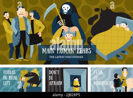Human fears horizontal banners set with phobias symbols flat isolated vector illustration Stock Vector