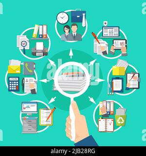 Business items round composition with search of information on documents and papers vector illustration Stock Vector