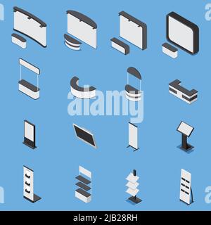Isometric set of various exhibition stands and shelves isolated on blue background 3d vector illustration Stock Vector