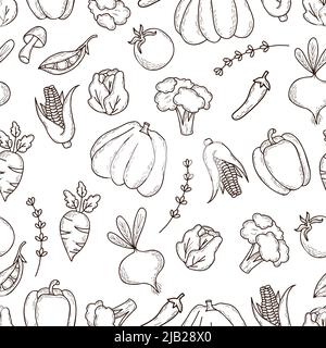 Seamless pattern with vegetables. Linear hand doodles of healthy, vegan food, vegetables, fruit, root and plant spices on white background. Vector ill Stock Vector