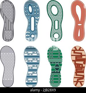 Sport shoes footprints colored set of different patterns on white background isolated vector illustration Stock Vector