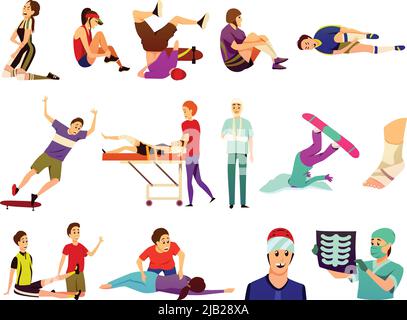 Sport injury flat colorful icons collection of isolated athletes suffering from traumas and sports medicine doctors vector illustration Stock Vector