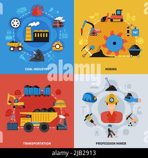 Colorful flat set of 2x2 icons with coal mining industry miners and transportation elements isolated vector illustration Stock Vector