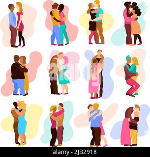 Love hugs set with man and woman relations symbols flat isolated vector illustration Stock Vector