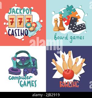 Game design concept with casino computer board games and bowling isolated vector illustration Stock Vector
