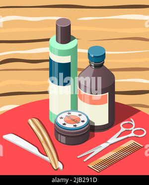 Barbershop isometric background with hair cosmetics and professional tools including scissors, razor, comb vector illustration Stock Vector
