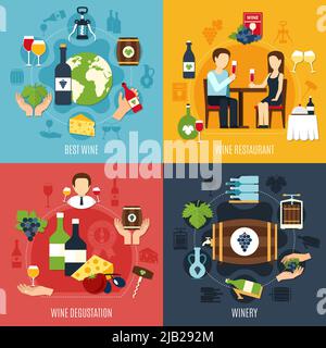 Flat design winery and people degusting best wine 2x2 icons set isolated on colorful background vector illustration Stock Vector