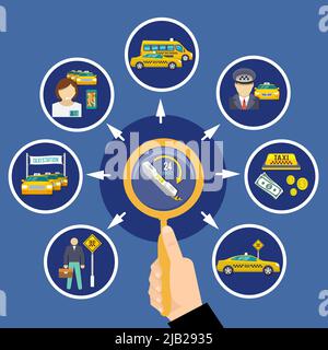 Taxi conceptual composition with round images of taxi provider cabs and twenty four hour order pictograms vector illustration Stock Vector