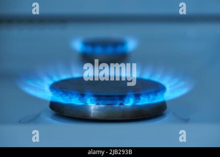 Gas burns in a gas stove close-up Stock Photo