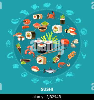 Sushi round composition with flat icon set combined in big circle colored and isolated vector illustration Stock Vector
