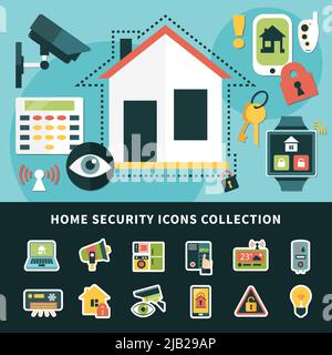 Home security icons collection with surveillance system, climate control, mobile apps smart house isolated vector illustration Stock Vector