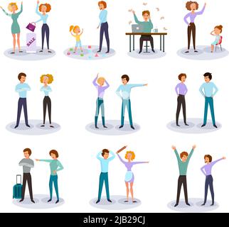 Characters expressing anger cartoon icons collection with fighting quarreling couples work frustration annoying kids isolated vector illustration Stock Vector