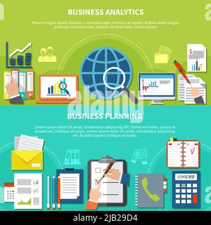 Two horizontal business items banner set with analytic and planning descriptions and with flat elements vector illustration Stock Vector