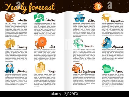 Yearly forecast by zodiac signs infographics on book pages with star sky, moon and sun vector illustration Stock Vector