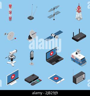 Telecommunication isometric icons set with broadcast equipment and electronic devices isolated on blue background 3d vector illustration Stock Vector