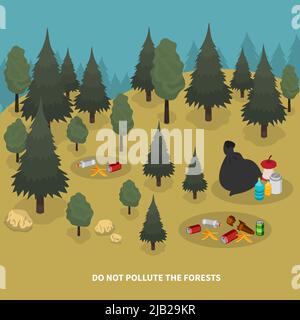 Garbage isometric composition with forest scenery and images of trees with pieces of waste on ground vector illustration Stock Vector