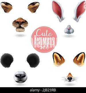 Isolated cute animal faces icon set with four different cartoon muzzles on white background vector illustration Stock Vector