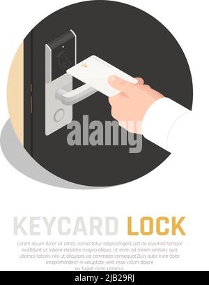 Access identification isometric composition of key card in human hand with guest room door handle sensor vector illustration Stock Vector
