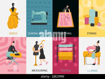 Garment factory cards set of dress making from textile and measuring to cutting sewing ironing flat vector illustration Stock Vector