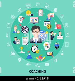 Coaching and training concept with brainstorming and progress symbols flat vector illustration Stock Vector