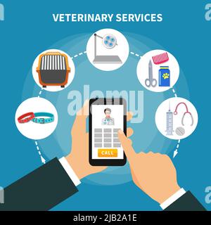 Veterinary service online menu flat round icons composition with hand holding smart mobile touch screen phone vector illustration Stock Vector
