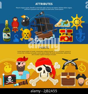Pirate cartoon banner set with bearded sailor in bandana with eye patch vector illustration Stock Vector