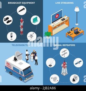 Colorful isometric 2x2 telecommunication icons set with various broadcast equipment television team and electronic devices 3d isolated vector illustra Stock Vector