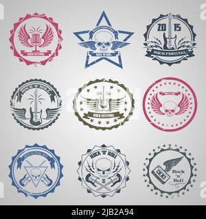 Rock festival 2015 with guitars and wings stamps set flat isolated vector illustration Stock Vector