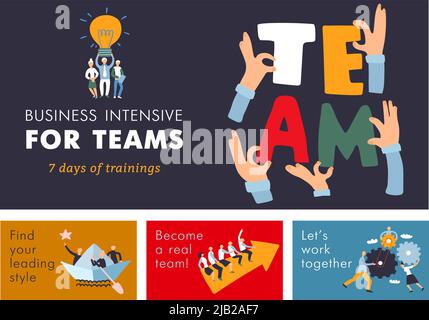 Teamwork cooperation management training  for business efficiency and success advertisement colorful horizontal banners set isolated vector illustrati Stock Vector