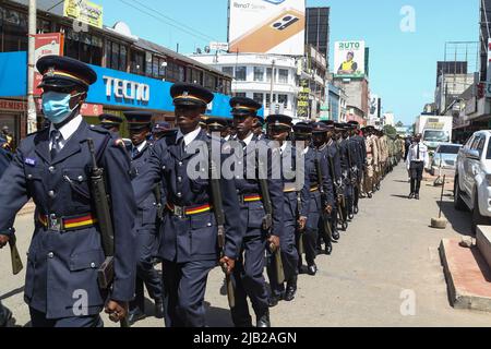 Kenyan police officers are seen in their ceremonial uniforms at a parade during the commemoration of 59th Madaraka Day Celebrations held at Railways Grounds in Nakuru City. Kenya attained self-rule on June 1st, 1963 from the hands of the British colonial government. (Photo by James Wakibia / SOPA Images/Sipa USA) Stock Photo