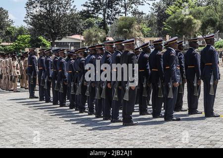 Kenyan police officers are seen in their ceremonial uniforms at a parade during the commemoration of 59th Madaraka Day Celebrations held at Railways Grounds in Nakuru City. Kenya attained self-rule on June 1st, 1963 from the hands of the British colonial government. (Photo by James Wakibia / SOPA Images/Sipa USA) Stock Photo